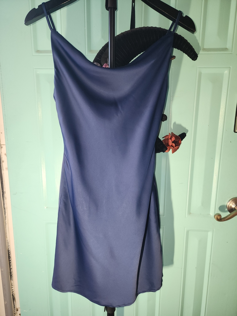 Urban Outfitters Deep Navy Satin Cowl Slip Mini Dress
